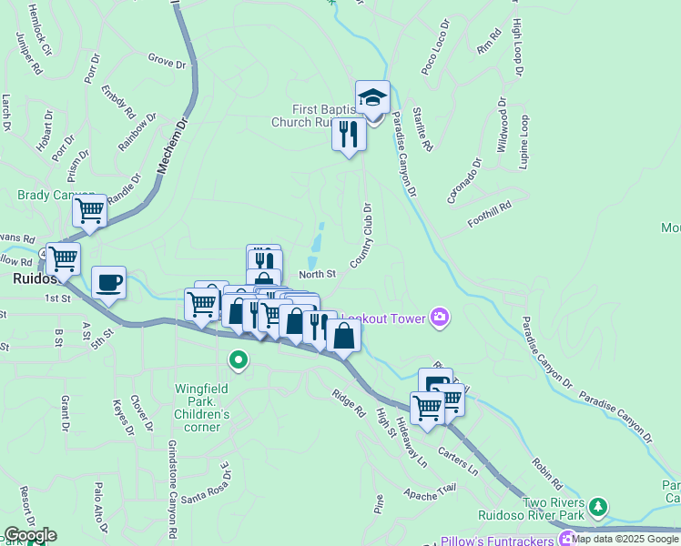 map of restaurants, bars, coffee shops, grocery stores, and more near 115 North Street in Ruidoso