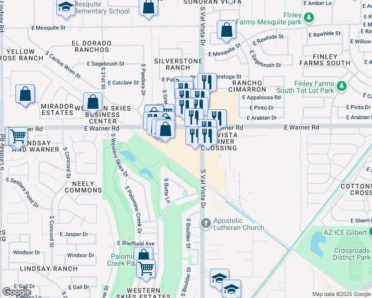 map of restaurants, bars, coffee shops, grocery stores, and more near 1515 East Warner Road in Gilbert