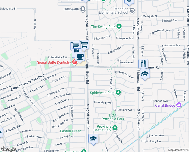 map of restaurants, bars, coffee shops, grocery stores, and more near 10831 East Shepperd Avenue in Mesa