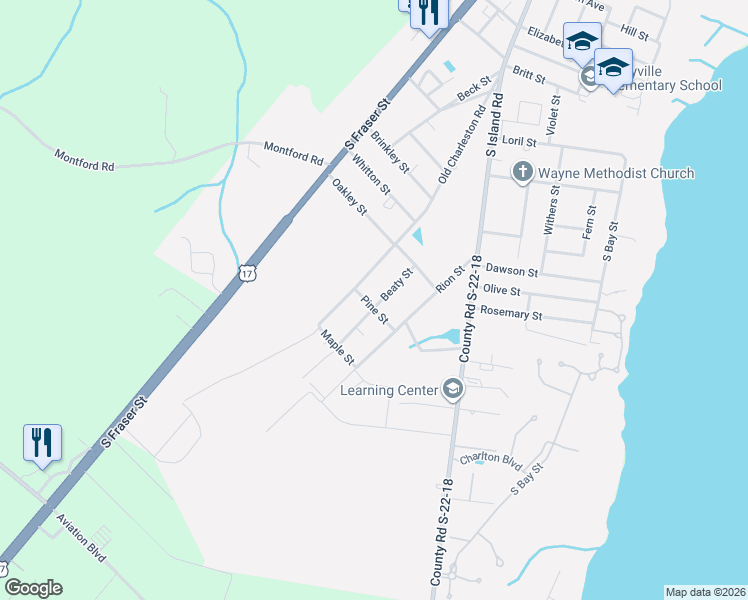 map of restaurants, bars, coffee shops, grocery stores, and more near 2620 Beaty Street in Georgetown