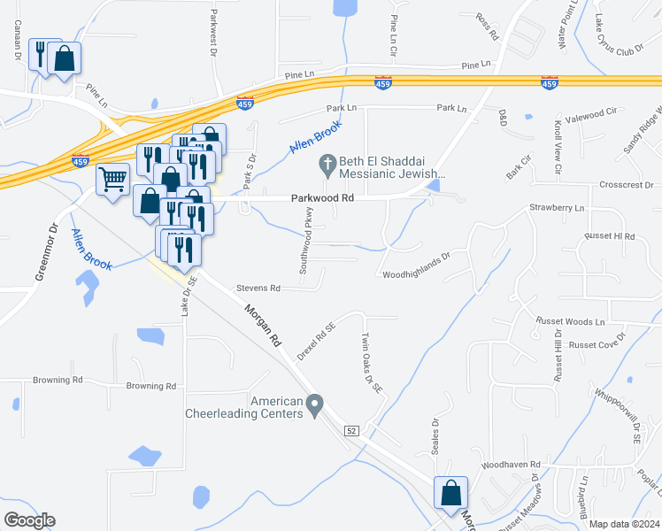 map of restaurants, bars, coffee shops, grocery stores, and more near 2806 Southwood View in Bessemer