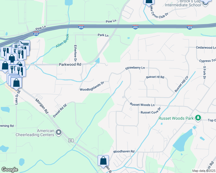 map of restaurants, bars, coffee shops, grocery stores, and more near 2127 Woods Trace in Birmingham
