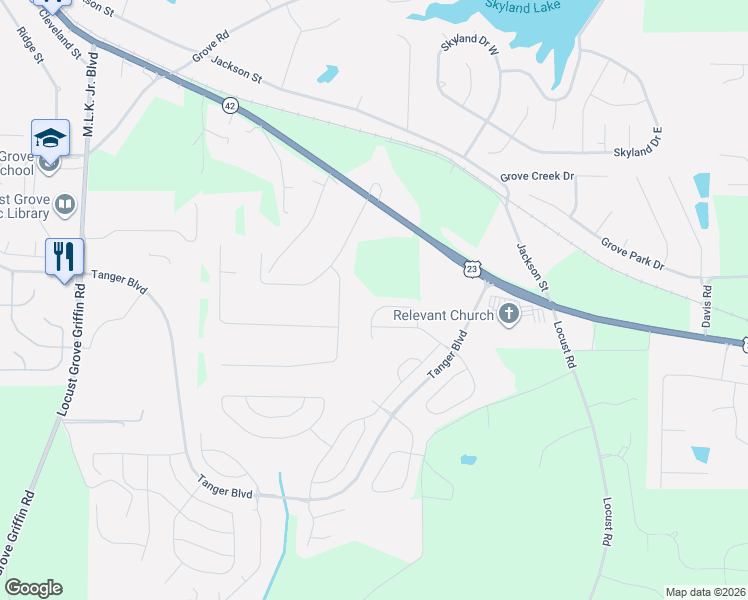 map of restaurants, bars, coffee shops, grocery stores, and more near 1556 Denver Way in Locust Grove