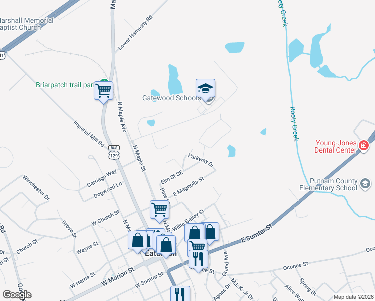 map of restaurants, bars, coffee shops, grocery stores, and more near 103 Sherry Lane in Eatonton