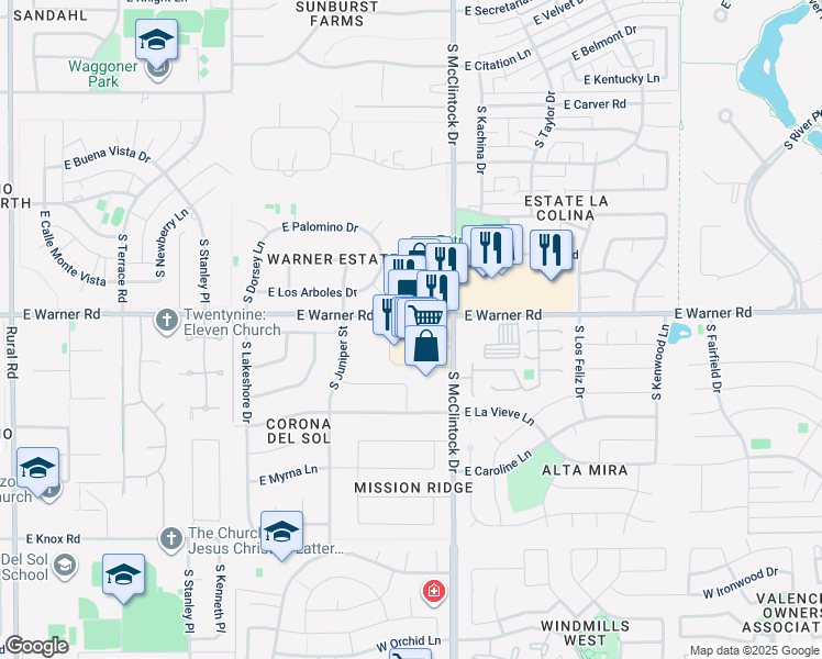 map of restaurants, bars, coffee shops, grocery stores, and more near 1741 East Warner Road in Tempe