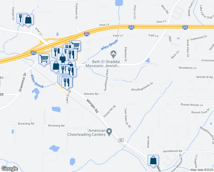 map of restaurants, bars, coffee shops, grocery stores, and more near 5906 Southwood Parkway in Bessemer