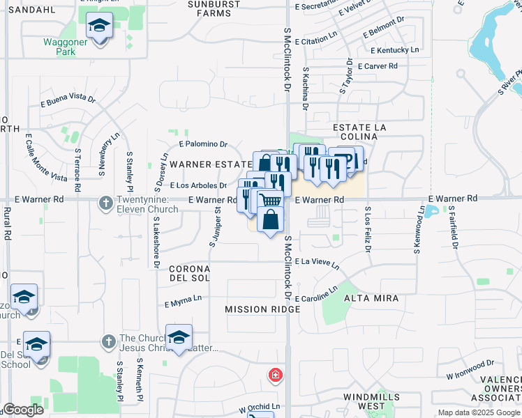map of restaurants, bars, coffee shops, grocery stores, and more near 1741 East Warner Road in Tempe