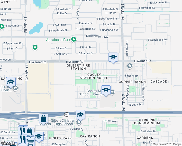 map of restaurants, bars, coffee shops, grocery stores, and more near 3767 East Turnbull Street in Gilbert