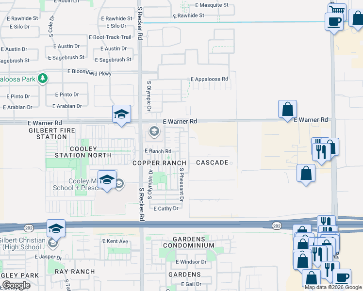 map of restaurants, bars, coffee shops, grocery stores, and more near 883 South Pheasant Drive in Gilbert