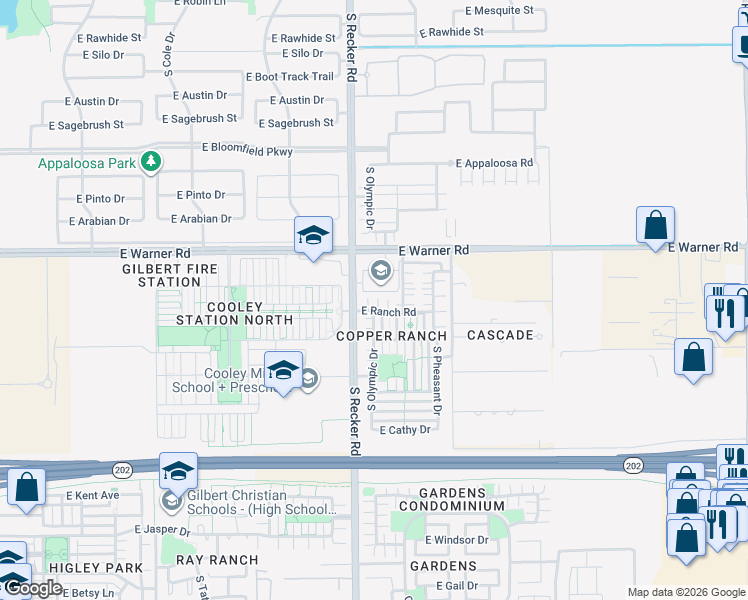 map of restaurants, bars, coffee shops, grocery stores, and more near 4055 East Warner Road in Gilbert