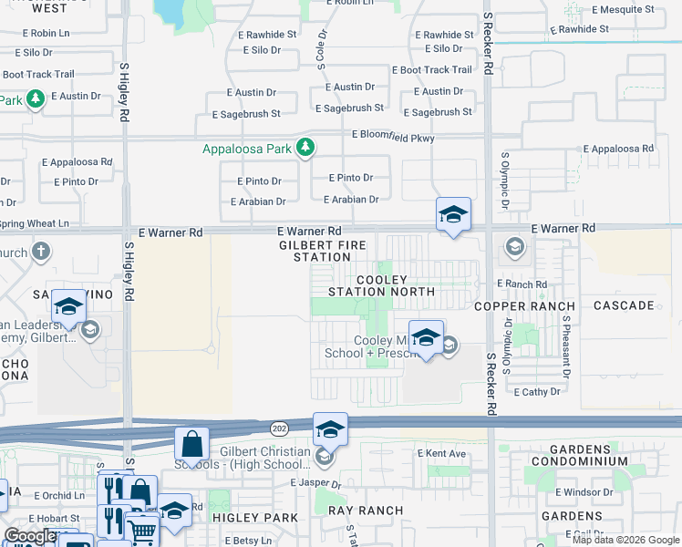 map of restaurants, bars, coffee shops, grocery stores, and more near 879 South Annie Lane in Gilbert