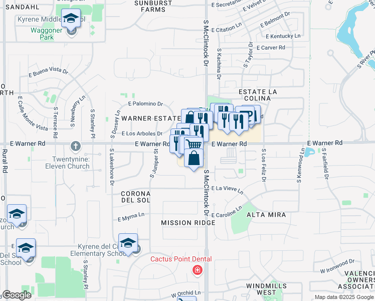 map of restaurants, bars, coffee shops, grocery stores, and more near 1617 East Warner Road in Tempe