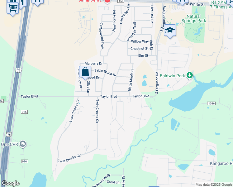 map of restaurants, bars, coffee shops, grocery stores, and more near 1838 Walnut Way in Anna