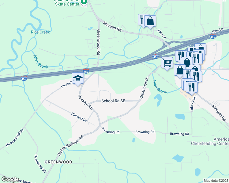 map of restaurants, bars, coffee shops, grocery stores, and more near 1219 School Road Southeast in Bessemer