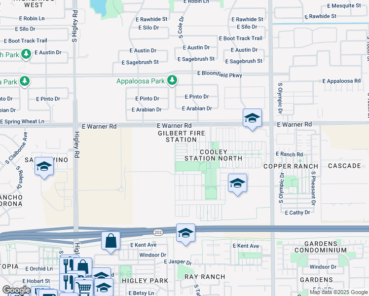 map of restaurants, bars, coffee shops, grocery stores, and more near 3616 East Horace Drive in Gilbert