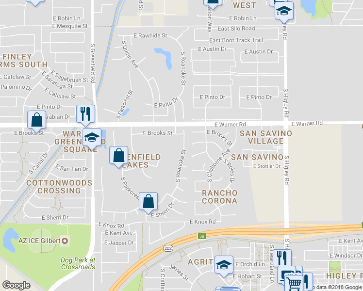 map of restaurants, bars, coffee shops, grocery stores, and more near 876 South Roanoke Street in Gilbert