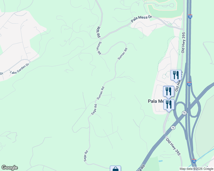 map of restaurants, bars, coffee shops, grocery stores, and more near 3090 Sumac Road in Fallbrook
