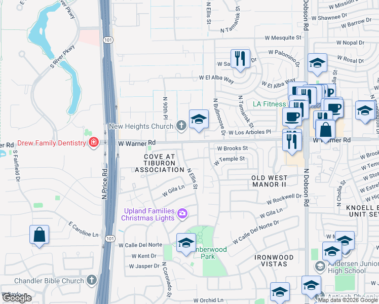 map of restaurants, bars, coffee shops, grocery stores, and more near 1991 North Ellis Street in Chandler