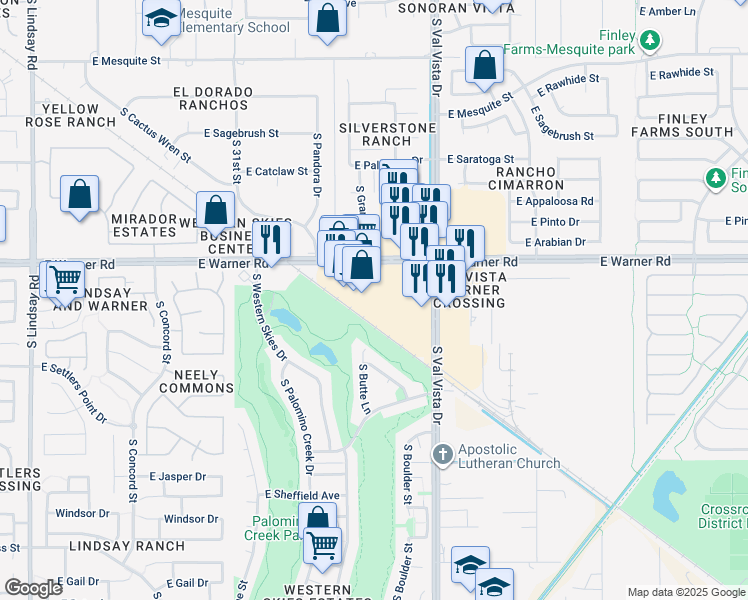 map of restaurants, bars, coffee shops, grocery stores, and more near 1515 East Warner Road in Gilbert
