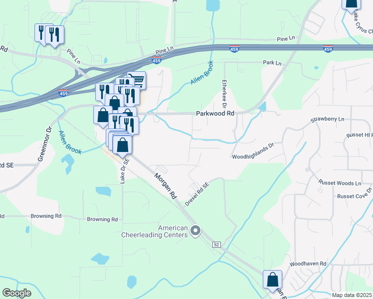 map of restaurants, bars, coffee shops, grocery stores, and more near 5905 Southwood Parkway in Bessemer