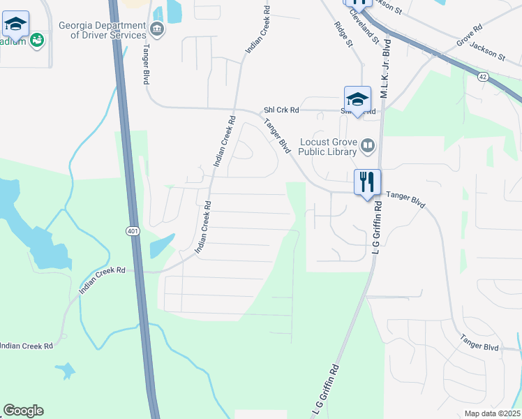 map of restaurants, bars, coffee shops, grocery stores, and more near 370 Custers Court in Locust Grove