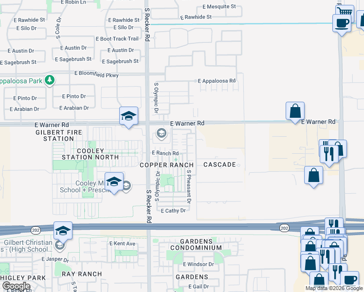 map of restaurants, bars, coffee shops, grocery stores, and more near 894 South Pheasant Drive in Gilbert
