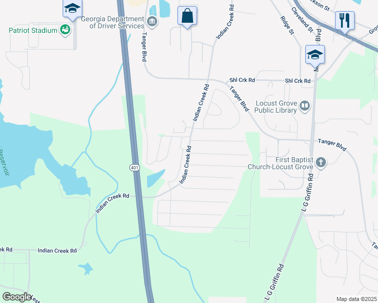 map of restaurants, bars, coffee shops, grocery stores, and more near 35 Cherokee Circle in Locust Grove