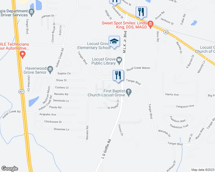 map of restaurants, bars, coffee shops, grocery stores, and more near 1340 Saint Isabella Court in Locust Grove