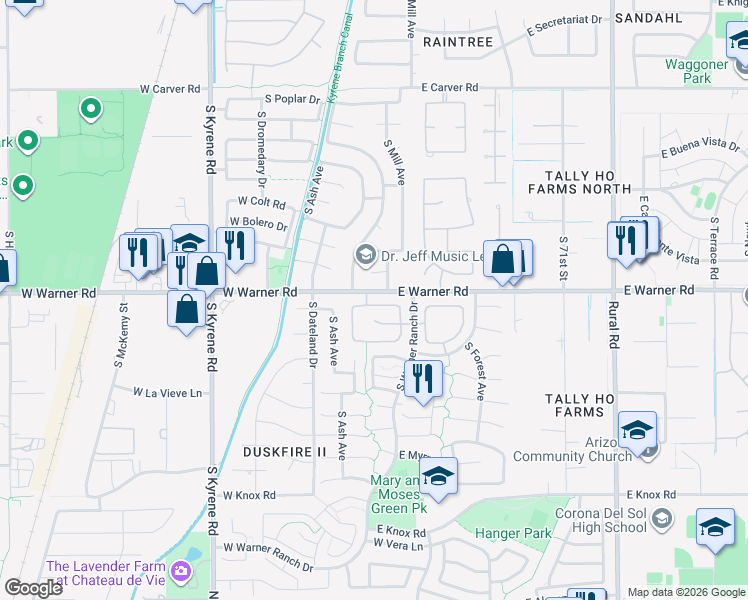 map of restaurants, bars, coffee shops, grocery stores, and more near 31 West Warner Road in Tempe