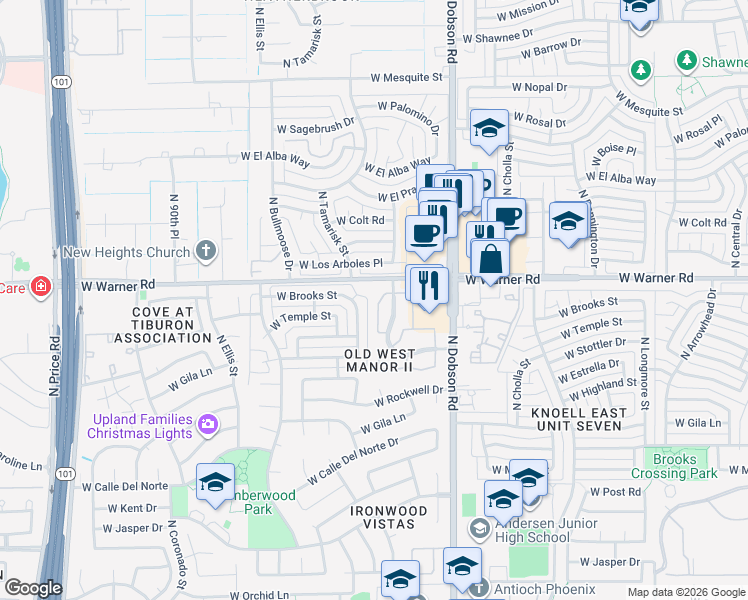 map of restaurants, bars, coffee shops, grocery stores, and more near 1911 North Tamarisk Drive in Chandler