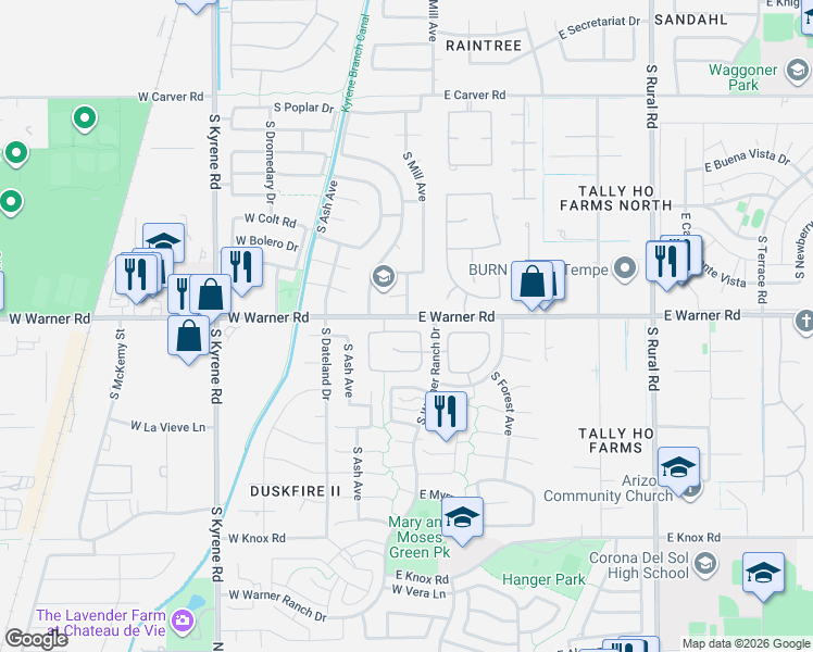 map of restaurants, bars, coffee shops, grocery stores, and more near 10 West Calle De Arcos in Tempe