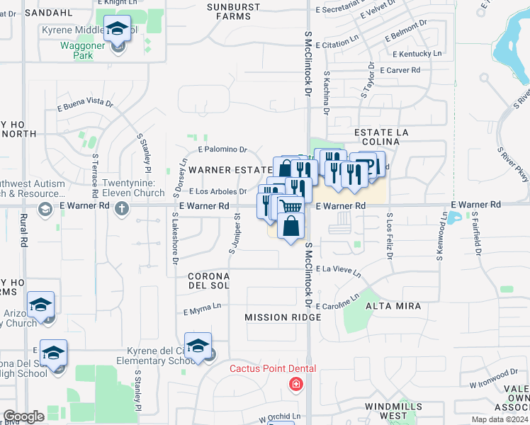 map of restaurants, bars, coffee shops, grocery stores, and more near 1617 East Warner Road in Tempe