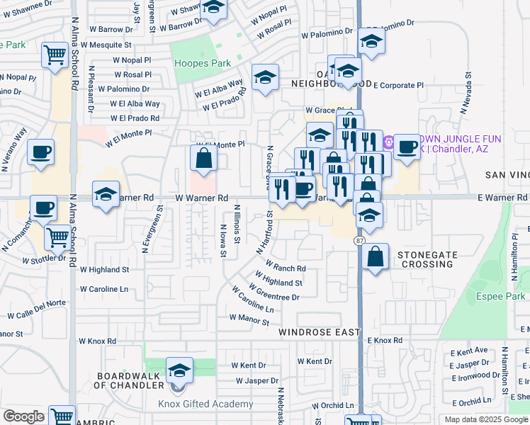 map of restaurants, bars, coffee shops, grocery stores, and more near 1970 North Hartford Street in Chandler