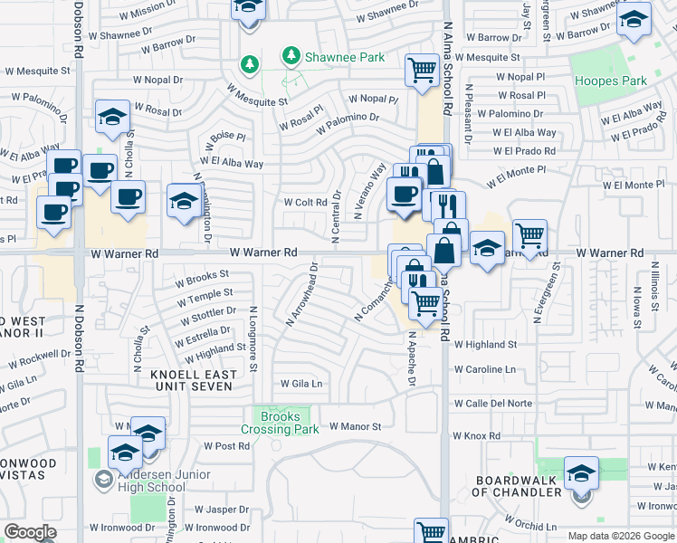 map of restaurants, bars, coffee shops, grocery stores, and more near 1311 West Brooks Street in Chandler