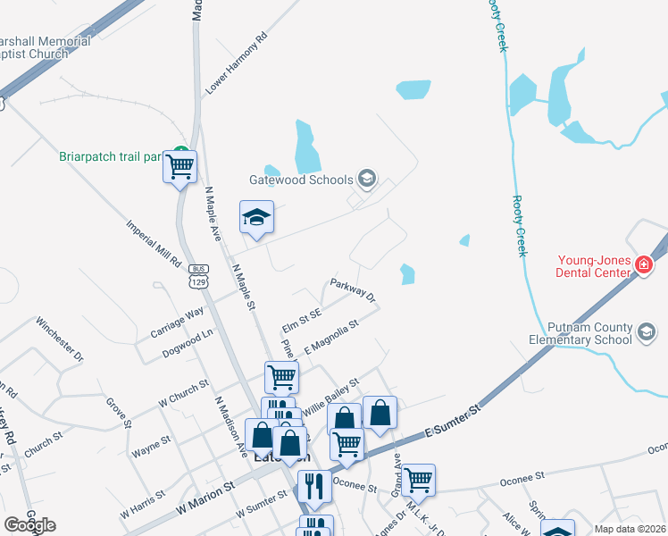 map of restaurants, bars, coffee shops, grocery stores, and more near 103 Sherry Lane in Eatonton