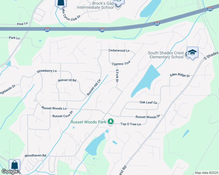map of restaurants, bars, coffee shops, grocery stores, and more near 417 South Fork Circle in Hoover