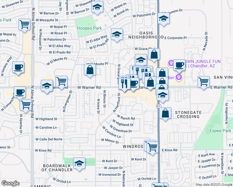map of restaurants, bars, coffee shops, grocery stores, and more near 1970 North Hartford Street in Chandler