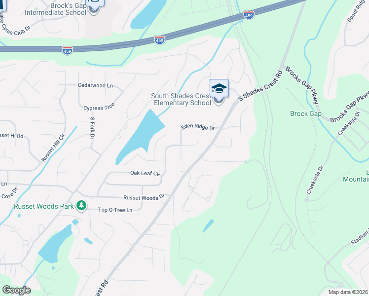 map of restaurants, bars, coffee shops, grocery stores, and more near 1395 Eden Ridge Circle in Hoover