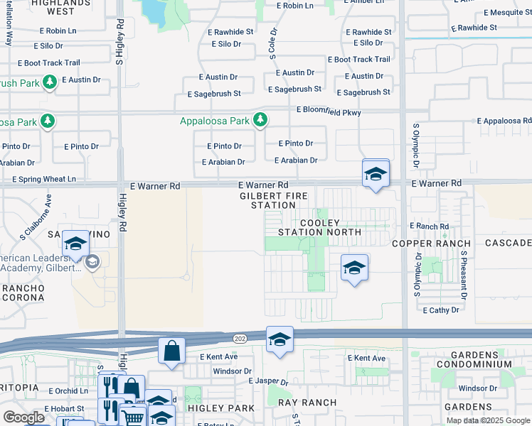 map of restaurants, bars, coffee shops, grocery stores, and more near 3616 East Horace Drive in Gilbert