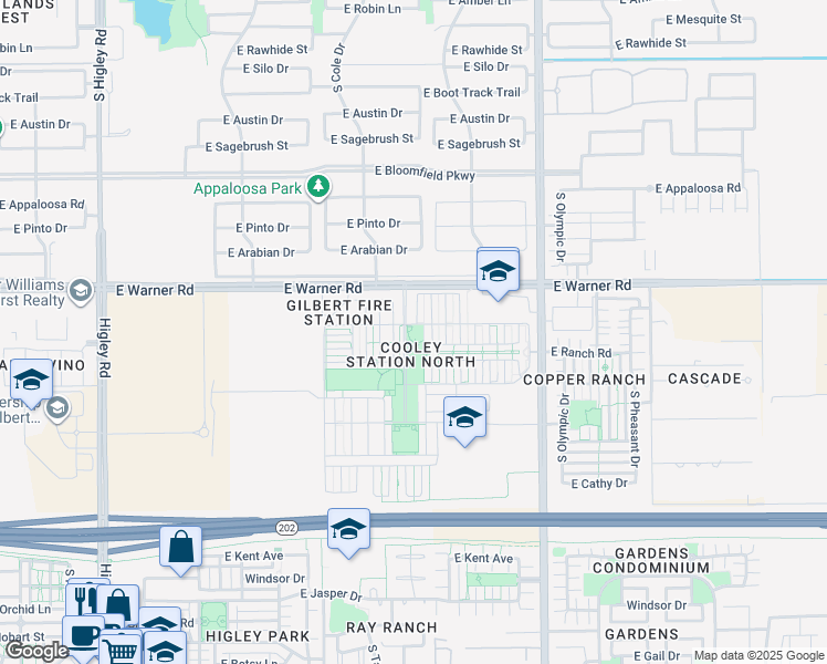 map of restaurants, bars, coffee shops, grocery stores, and more near 3767 East Turnbull Street in Gilbert