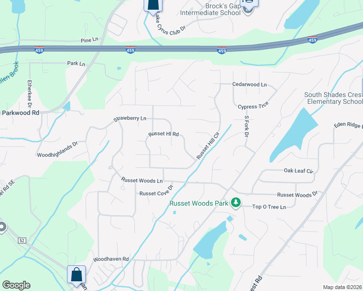 map of restaurants, bars, coffee shops, grocery stores, and more near 467 Russet Hill Road in Hoover