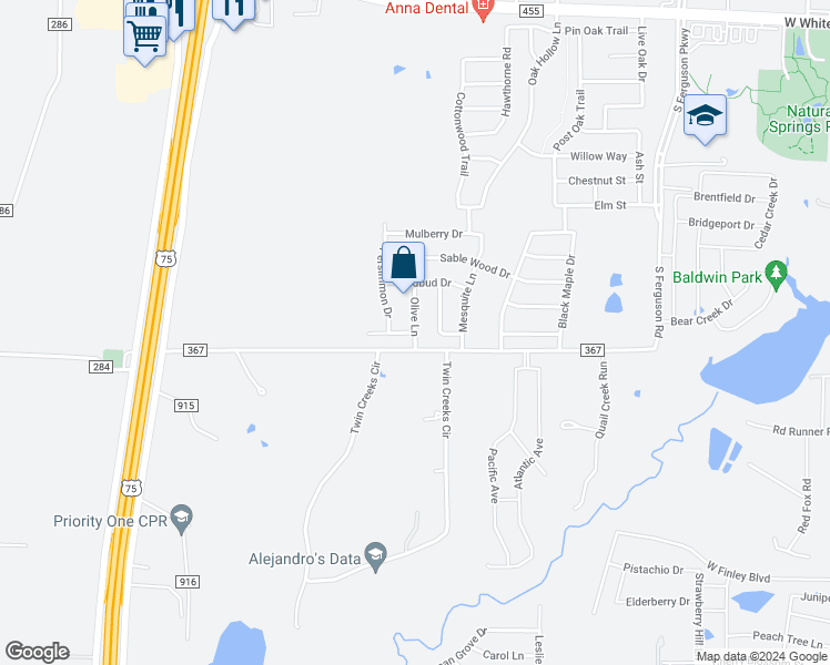 map of restaurants, bars, coffee shops, grocery stores, and more near Olive Lane in Anna