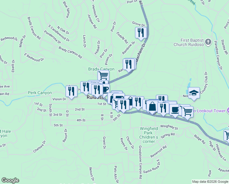 map of restaurants, bars, coffee shops, grocery stores, and more near 105 Terrace Dr in Ruidoso