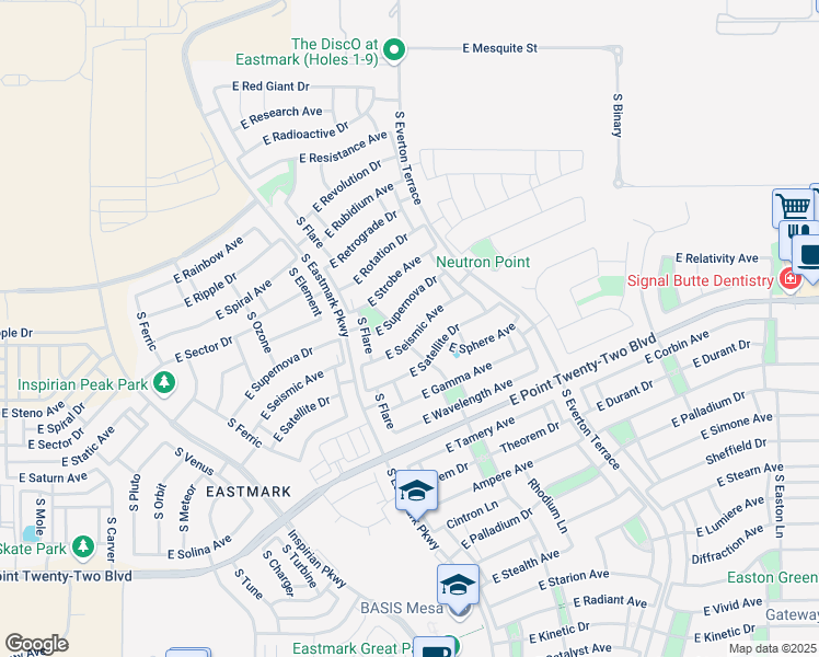 map of restaurants, bars, coffee shops, grocery stores, and more near 10016 East Seismic Avenue in Mesa