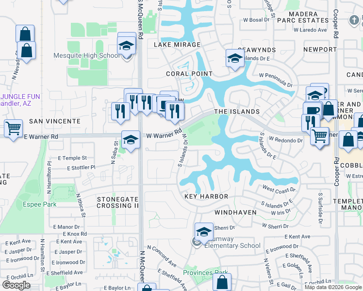 map of restaurants, bars, coffee shops, grocery stores, and more near 851 South Scallop Drive in Gilbert