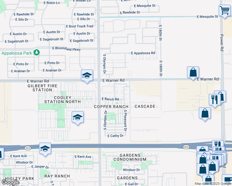 map of restaurants, bars, coffee shops, grocery stores, and more near 887 South Swallow Lane in Gilbert