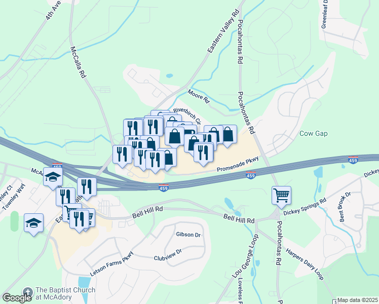 map of restaurants, bars, coffee shops, grocery stores, and more near 4889 Promenade Parkway in Bessemer