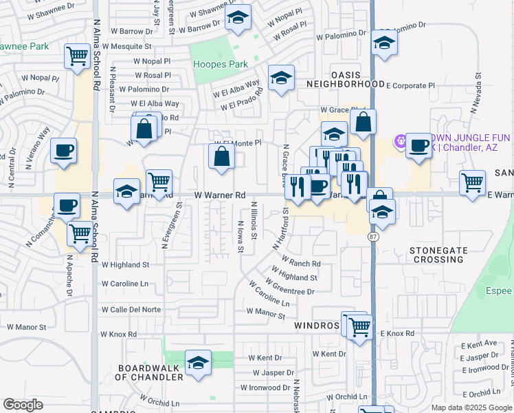 map of restaurants, bars, coffee shops, grocery stores, and more near 1996 North Illinois Street in Chandler