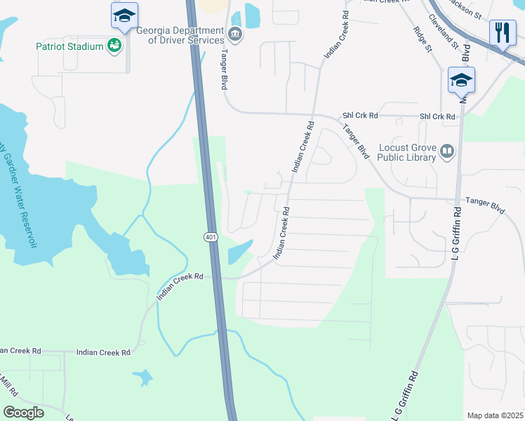 map of restaurants, bars, coffee shops, grocery stores, and more near 35 Cherokee Circle in Locust Grove