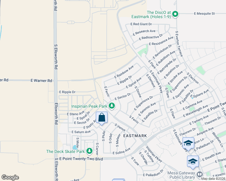 map of restaurants, bars, coffee shops, grocery stores, and more near East Spiral Avenue in Mesa